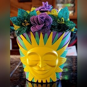 Sun Face Pot with French Beaded Flowers